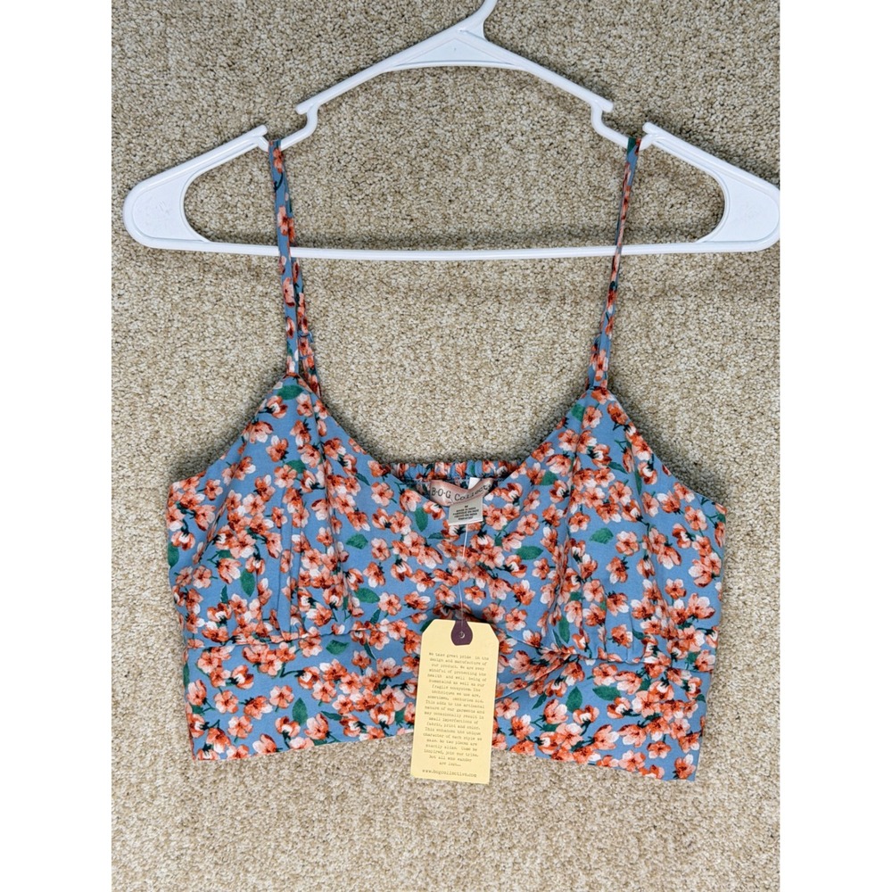 NWT medium B.O.G Collective Blue Floral Smocked Back Crop Top Adjustable Straps
